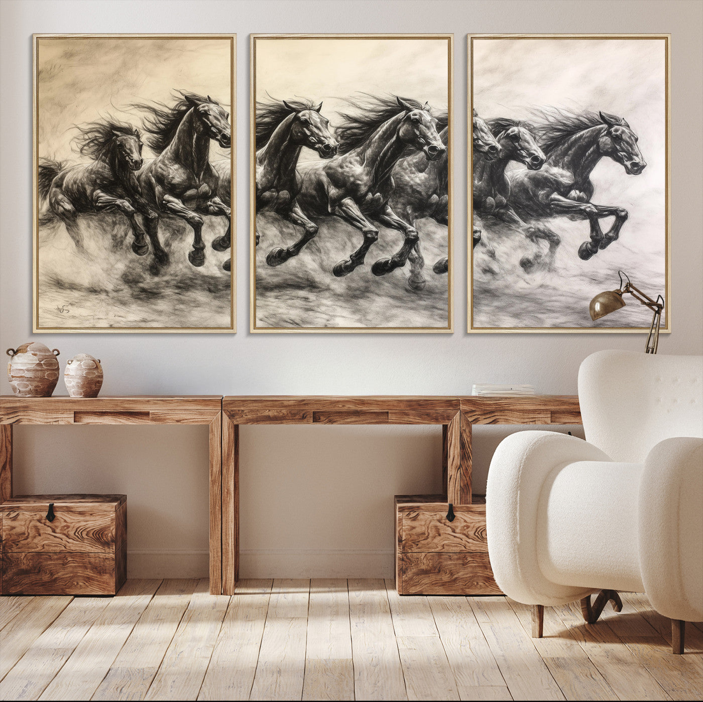 56089591-MGV-CV-36X24-Galloping Horses Wall Art Canvas Print – Framed Wild Stallions Herd Sketch Dynamic Equestrian Artwork for Home Office
