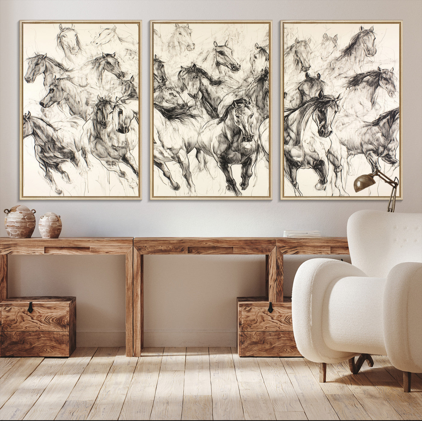 19433417-MGV-CV-36X24-Running Horses Wall Art Canvas Print – Framed Galloping Herd Dynamic Equestrian Sketch Nature Artwork for Home Office