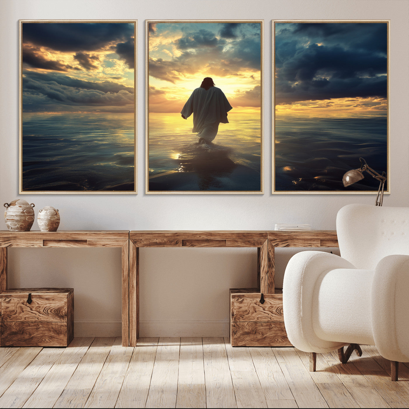 37594667-MGV-FC-60X30-3P_Natural-Jesus Walks Wall Art Canvas Print Framed Divine Sunset Art Spiritual Light Print for Home, Office, Living Room