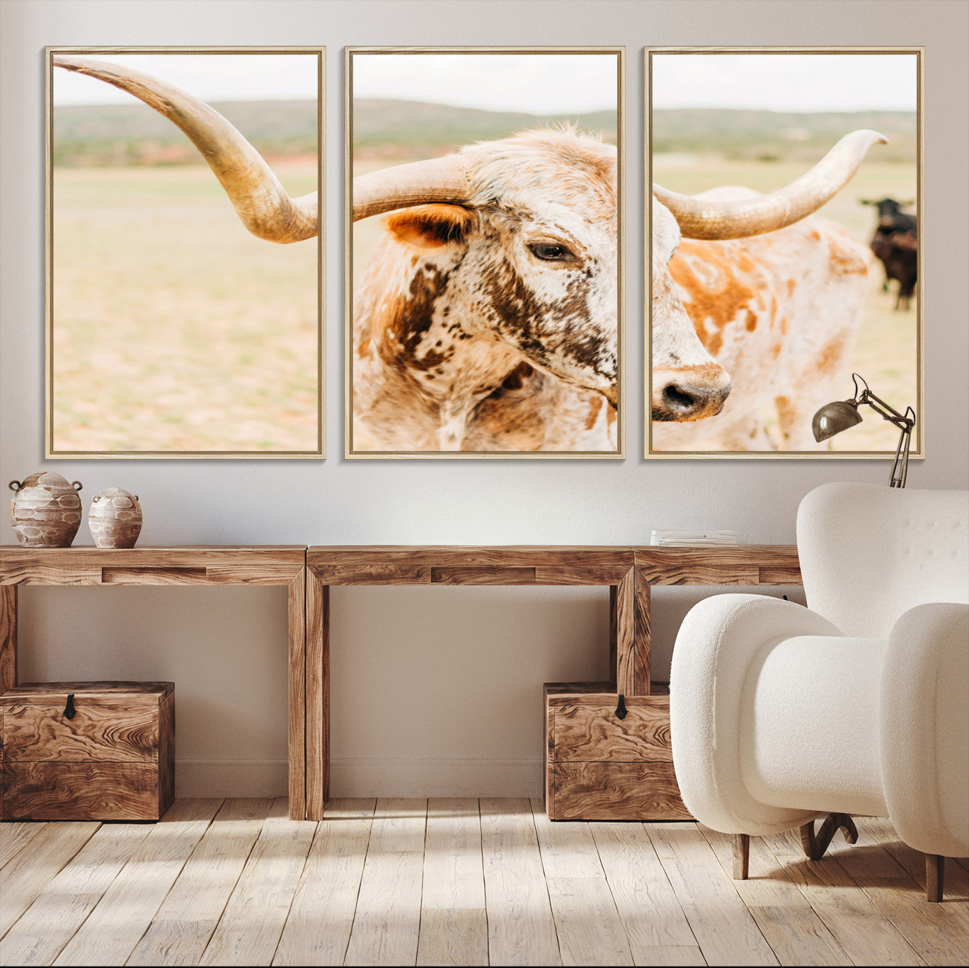 21060648-MGV-CV-36X24-Texas Longhorn Wall Art Canvas Print – Framed Speckled Cow Rustic Bull Western Farmhouse Animal Artwork for Home Office