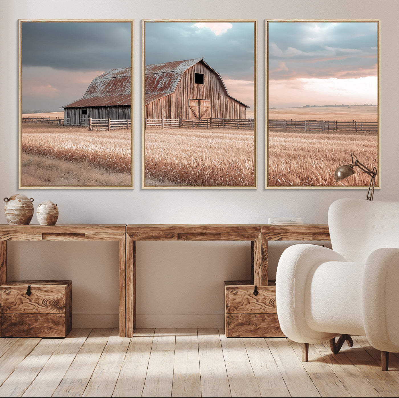 36878364-MGV-CV-48X32-3P-Rustic Barn Wall Art Canvas Print, Framed Wheat Field Art Picture Print, Sunset Barn Perfect Vintage Farmhouse Decor Artwork