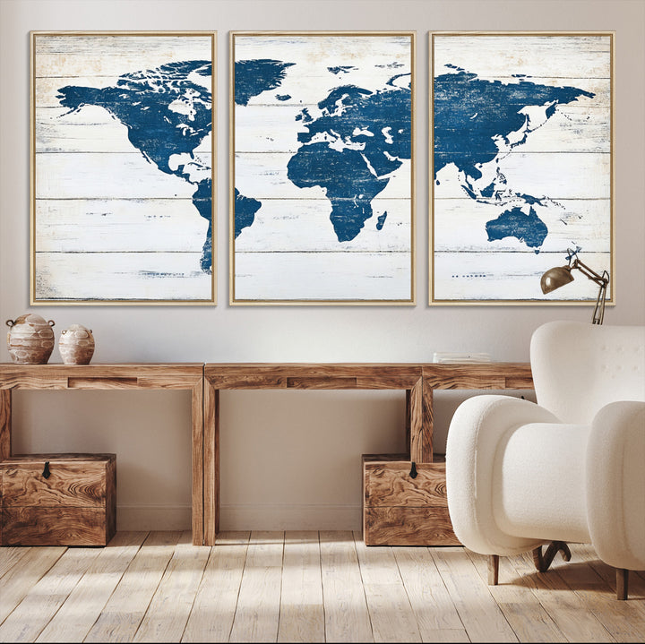 Rustic world map with blue continents on distressed wooden planks, perfect for coastal, explorer, or vintage-style wall decor.