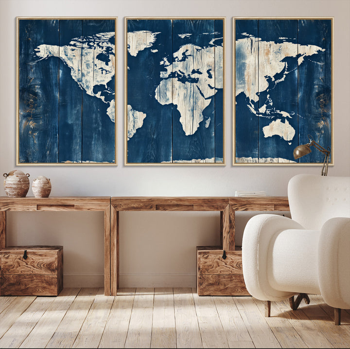 World Map Wall Art Canvas Print, Rustic Map Print, Framed Wooden World Map Art Print, Large Antique Map Decor Printing Perfect for Vintage Decor