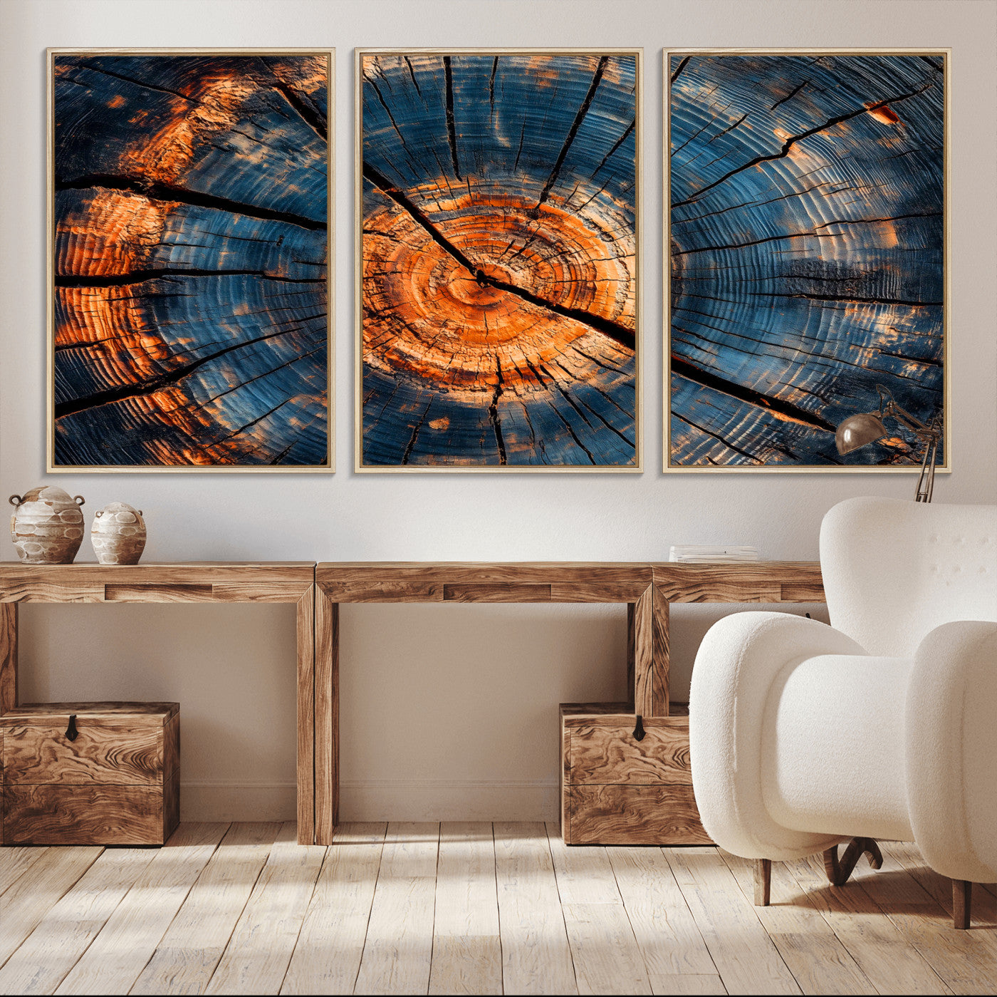 MGV-FC-60X30-3P - Burnt Wood Wall Art Canvas Print, Framed Aged Timber Art Picture Print, Rustic Tree Slice Perfect Rustic Decor Artwork