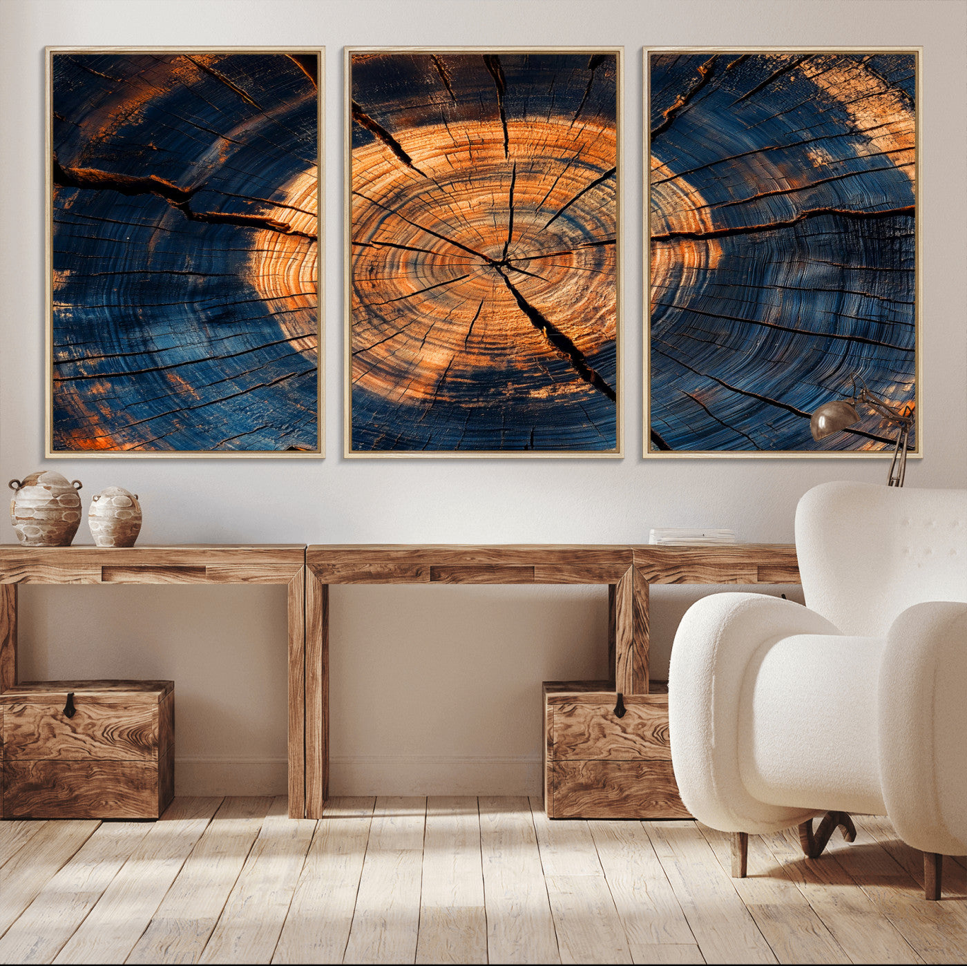 MGV-FC-60X30-3P - Burnt Wood Wall Art Canvas Print, Framed Aged Timber Art Picture Print, Rustic Tree Slice Perfect Rustic Decor Artwork