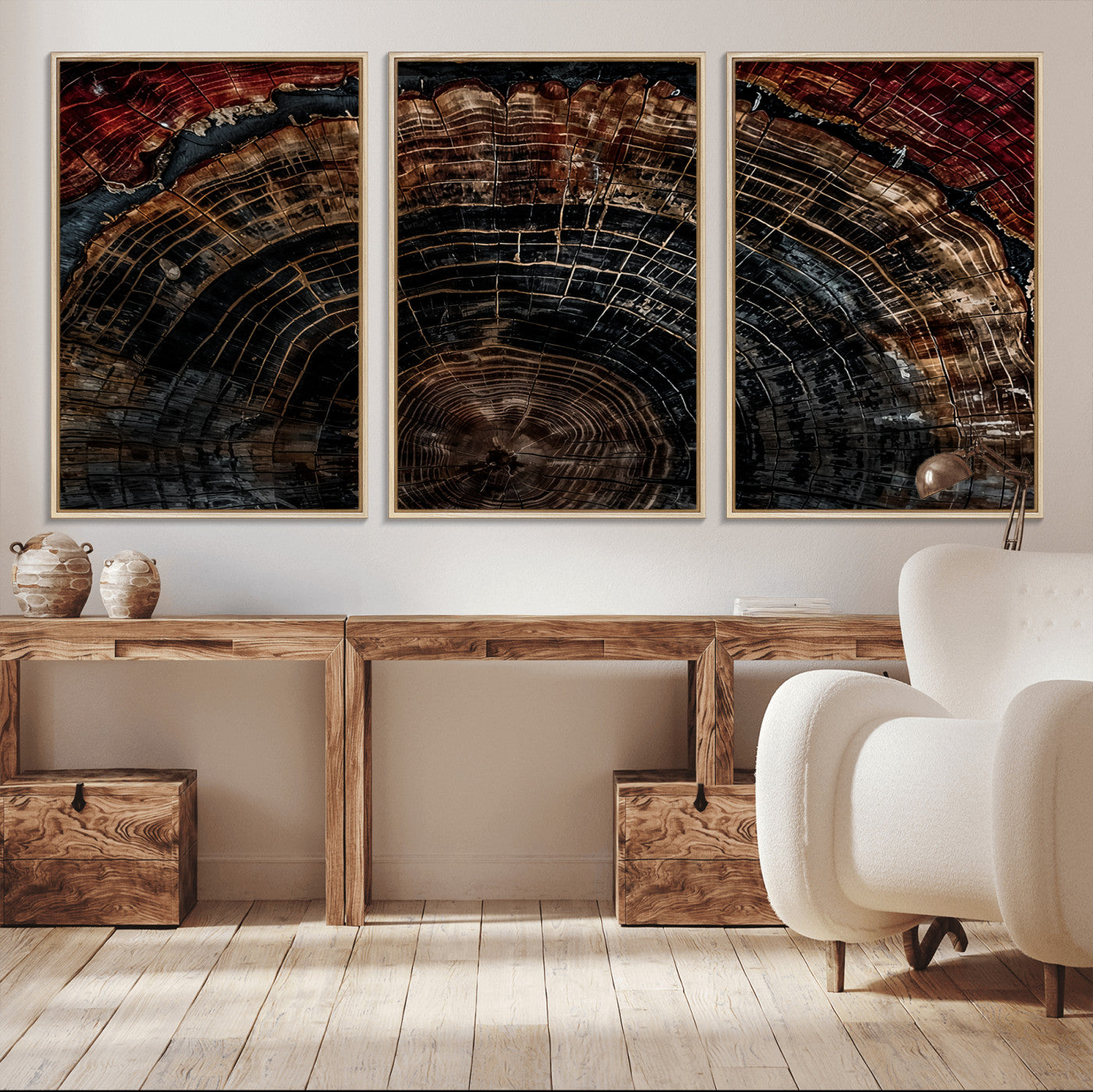 MGV-FC-60X30-3P - Dark Wood Ring Wall Art Canvas Print, Framed Abstract Wood Tree Art Picture Print, Rustic Tree Slice Perfect Rustic Decor Artwork