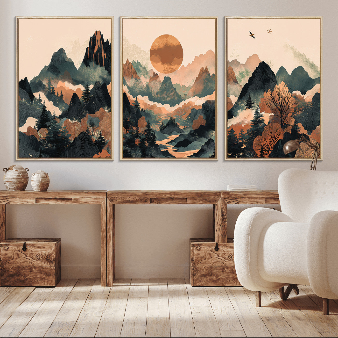 MGV-FC-60X30-3P - Wood Mountain Landscape Wall Art Canvas Print, Framed Sunset Hills Art Picture Print, Abstract Nature Perfect Boho Decor Artwork