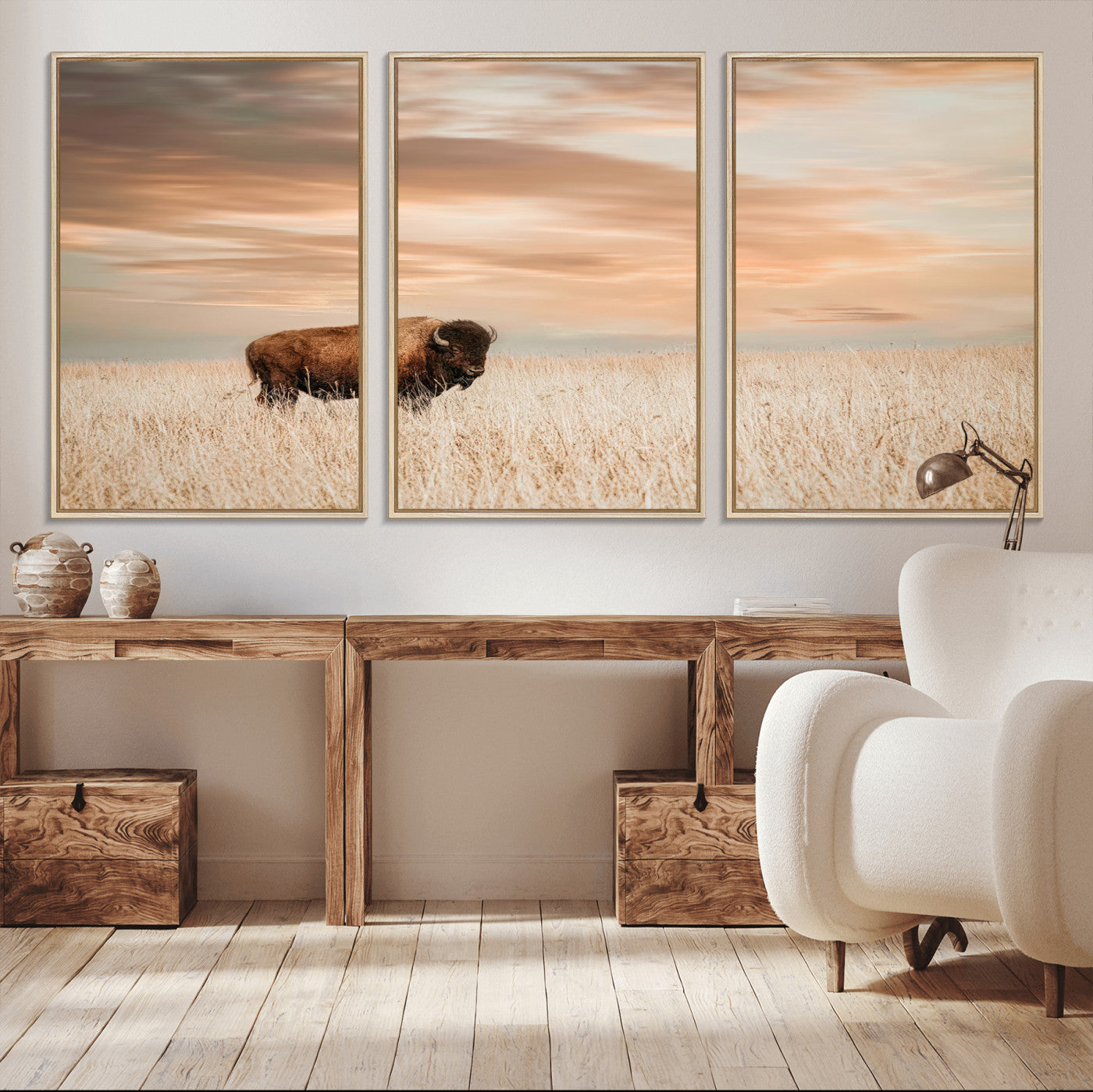 MGV-FC-60X30-3P - Bison Wall Art Canvas Print, Framed Buffalo Art Picture Print, Western Prairie Perfect Rustic Decor Artwork