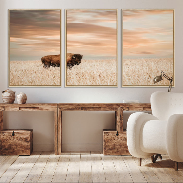 Bison Wall Art Canvas Print, Buffalo Print, Framed Western Prairie Art Print, Large Rustic Wildlife Printing Perfect for Rustic Decor