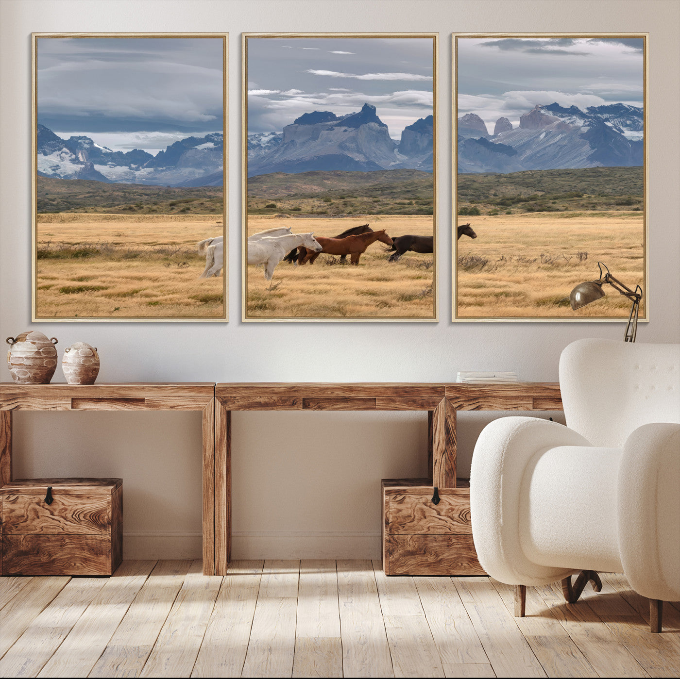 69960232-MGV-CV-36X24-Horses Grazing Wall Art Canvas Print – Framed Mountain Field Scenic Landscape Cloudy Sky Nature Artwork for Home Office