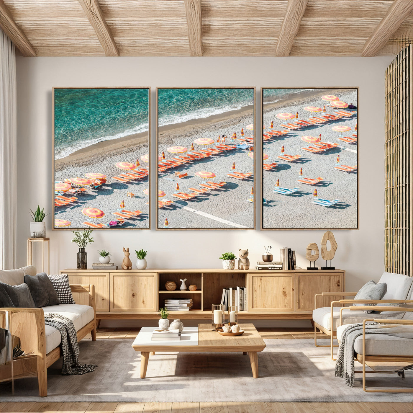 27805351-MGV-CV-36X24 - Beach Umbrellas Wall Art – Orange Loungers & Turquoise Water Canvas Print, Sandy Shore and Summer Vibes