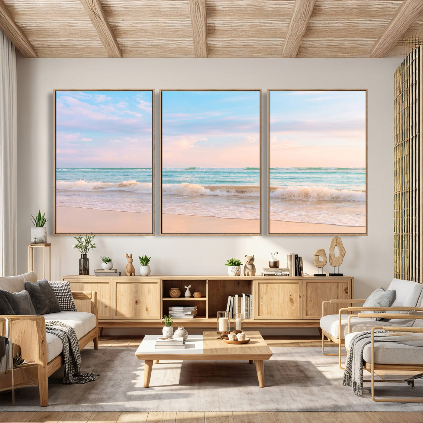 74679437-MGV-CV-36X24 - Serene Waves Wall Art – Golden Shore & Soft Pastel Sky Canvas Print, Gentle Ocean and Peaceful Sunset for Living Room or Office