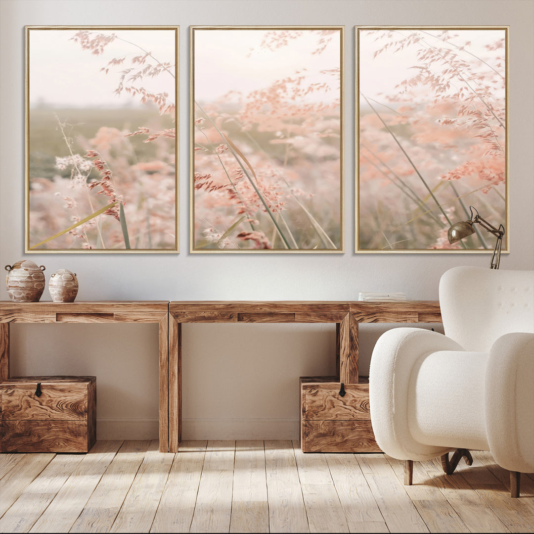 Pastel Grasses Wall Art Canvas Print, Soft Meadow Print, Framed Field in Breeze Art Print, Large Pink Meadow Printing Soft Pastel