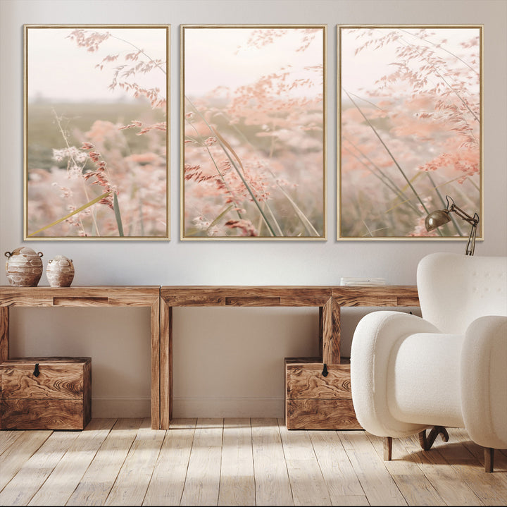 Pastel Grasses Wall Art Canvas Print, Soft Meadow Print, Framed Field in Breeze Art Print, Large Pink Meadow Printing Soft Pastel