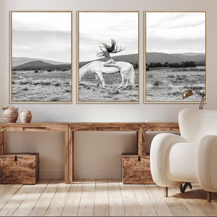 White Horse Wall Art Canvas Print, Woman Rider Print, Framed Equestrian Pose Art Print, Large Grazing Horse Printing Western Boho