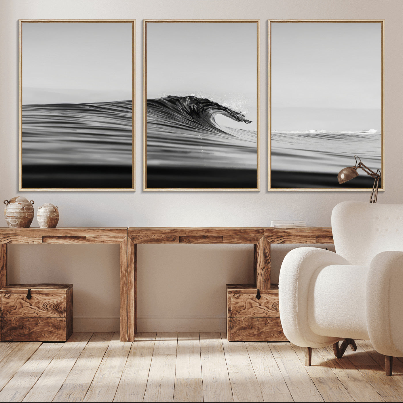 24029476-MGV-FC-60X30-3P_Natural-Black Wave Wall Art Canvas Print – Framed Abstract Surf Minimalist Ocean Modern Coastal Seascape Artwork for Home Office