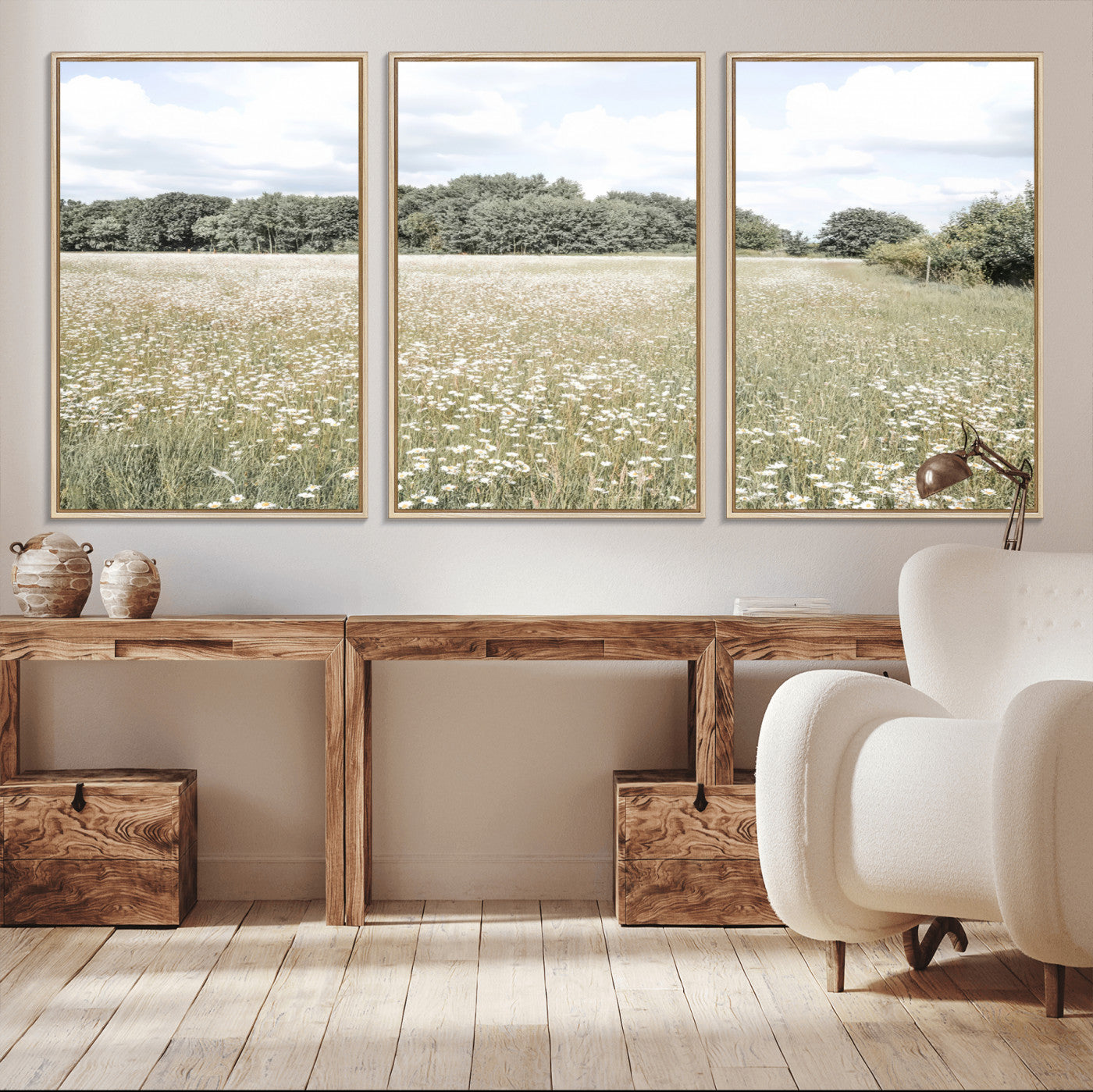 MGV-FC-60X30-3P - Charming Daisy Field Wall Art Canvas Print, Framed Pastel Flower Art Picture Print, Meadow Bloom Perfect Scandinavian Minimalist Decor Artwork