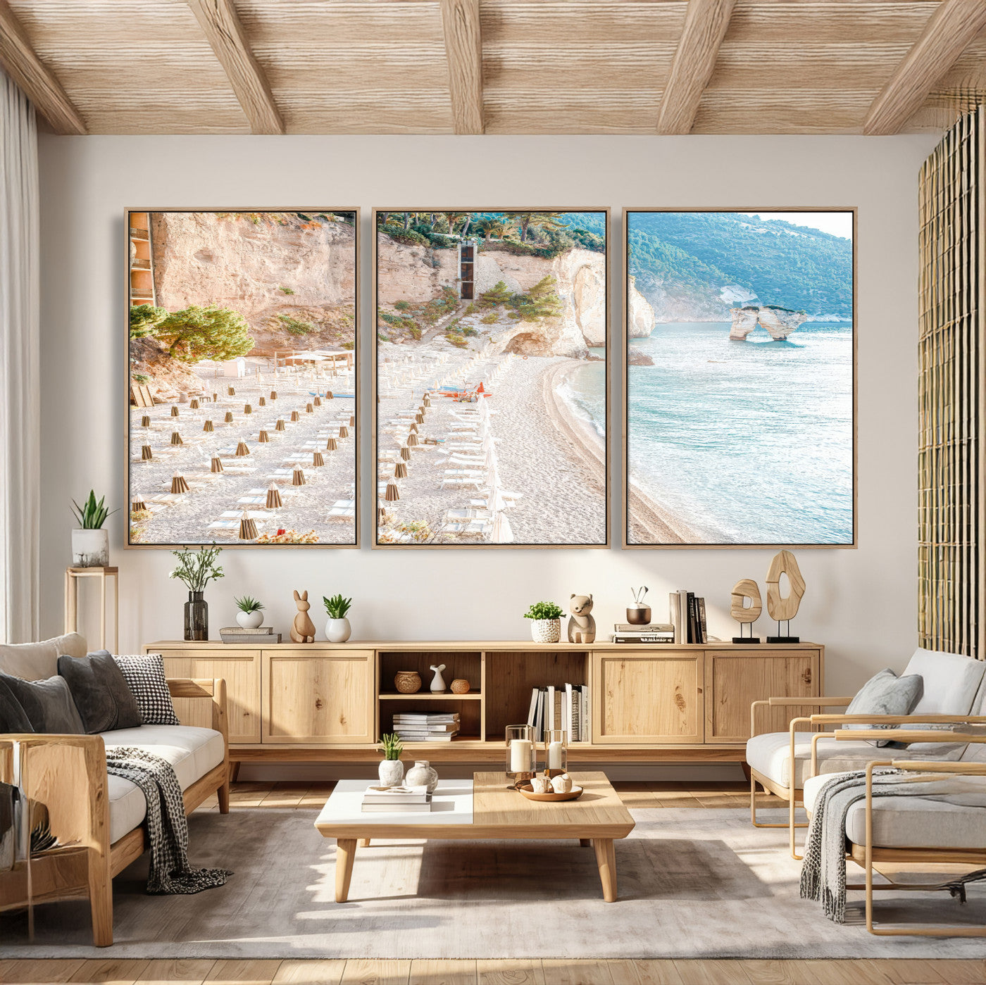 84816639-MGV-CV-36X24 - Sunny Beach Wall Art – Chairs & Umbrellas Canvas Print, Clear Water, Rocky Cliffs, Coastal Calm for Living Room or Vacation Home Decor