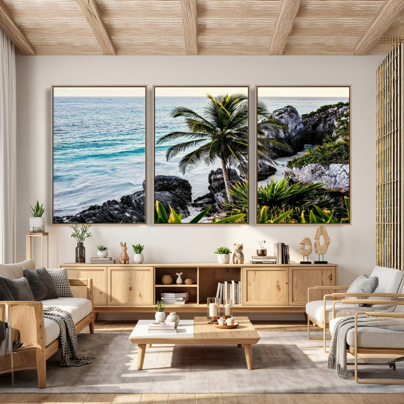 94669907-MGV-CV-36X24 - Tropical Palm Wall Art – Coastal Rocks Canvas Print, Ocean Breeze, Sandy Shore, Vibrant Green Foliage for Living Room or Beach House Decor