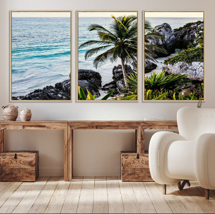 Framed canvas of a vibrant tropical coastline with palm trees, rocky cliffs, and turquoise waters, ideal for tropical coastal home decor.