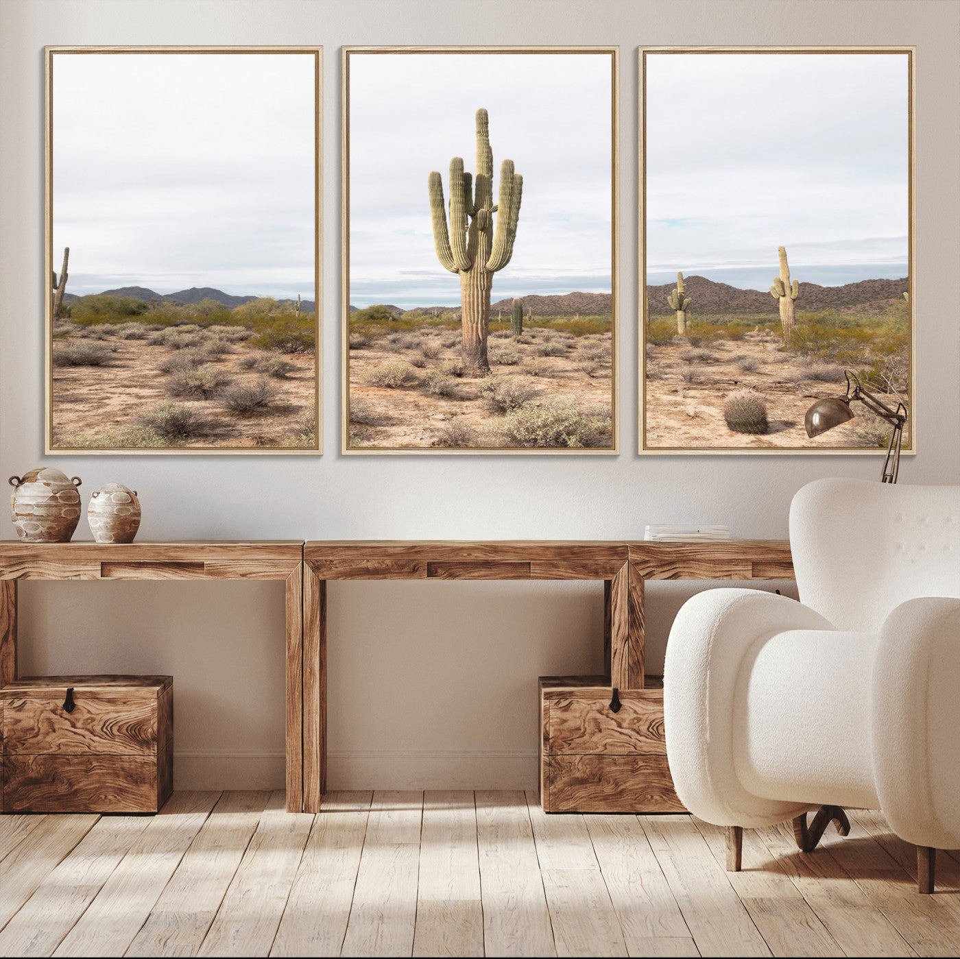MGV-FC-60X30-3P - Saguaro Cactus Wall Art Canvas Print, Framed Desert Cactus Art Picture Print, Earthy Desert Perfect Southwestern Boho Decor Artwork