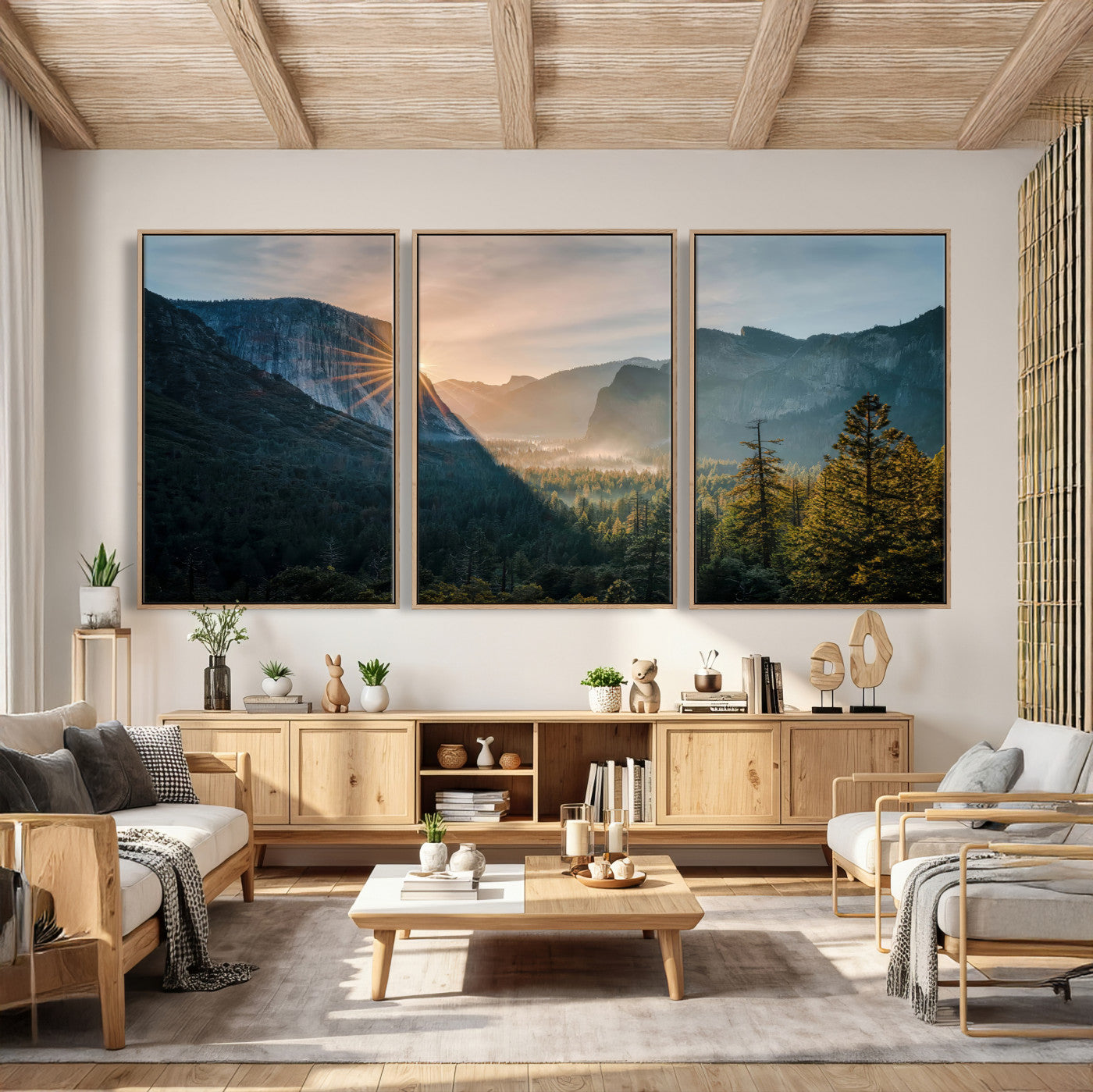 51605481-MGV-CV-36X24 - Yosemite Valley Wall Art – Misty Forest Peaks Canvas Print, Radiant Light, Tranquil Nature Landscape for Living Room or Cabin Decor