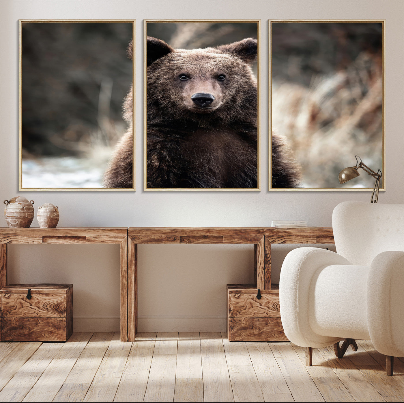 47112103-MGV-CV-36X24-Brown Bear Wall Art Canvas Print – Framed Majestic Woodland Wildlife Scene Artwork for Cabin, Home, Office, Living Room