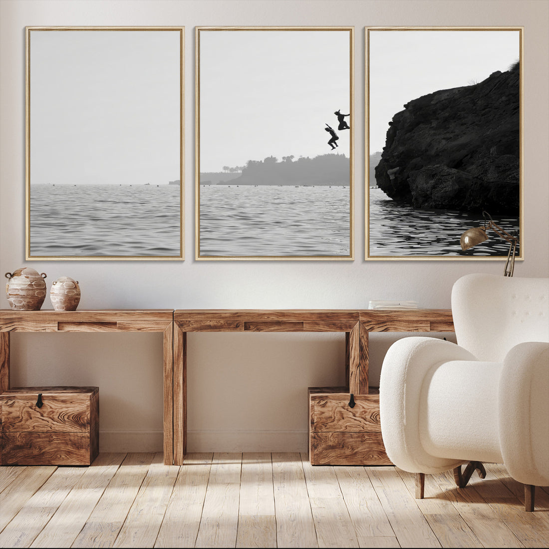 Jumping Wall Art Canvas Print, Framed Coastal Ocean Cliff Diving Scene