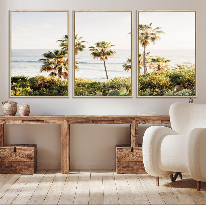 Framed print of sunlit palm trees on the California coast with warm tones, perfect for coastal minimalist or beach-style home decor.