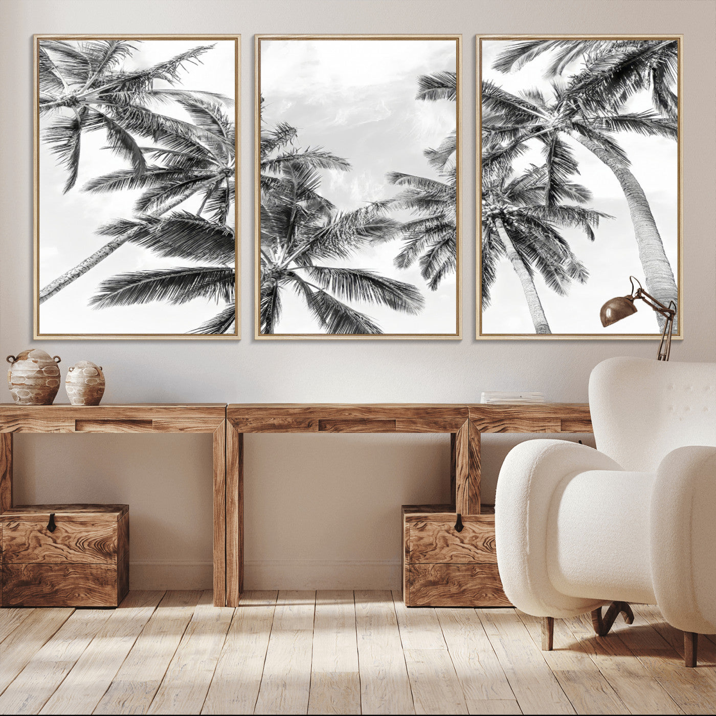 MGV-FC-60X30-3P - Black White Palm Wall Art Canvas Print, Framed Monochrome Tropics Art Picture Print, Minimalist Beach Perfect Coastal Minimalist Decor Artwork