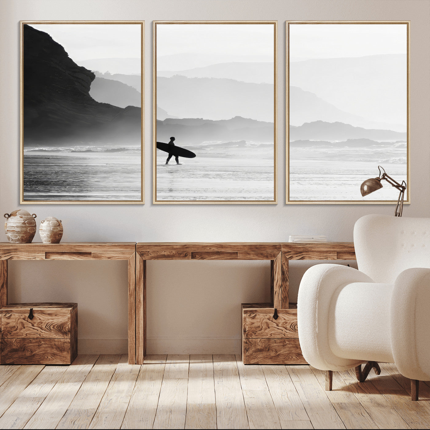 69956934-MGV-CV-36X24-Surfer Beach Wall Art – Framed Black White Ocean Canvas Artwork, Misty Coastal Design, Minimal Surf Decor for Home, Office