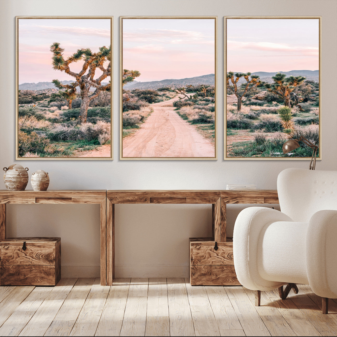 12540952-MGV-FC-60X30-3P_Natural-Joshua Tree Wall Art Canvas Print – Framed Desert Road Scene with Sunset Artwork for Home, Office, Living Room