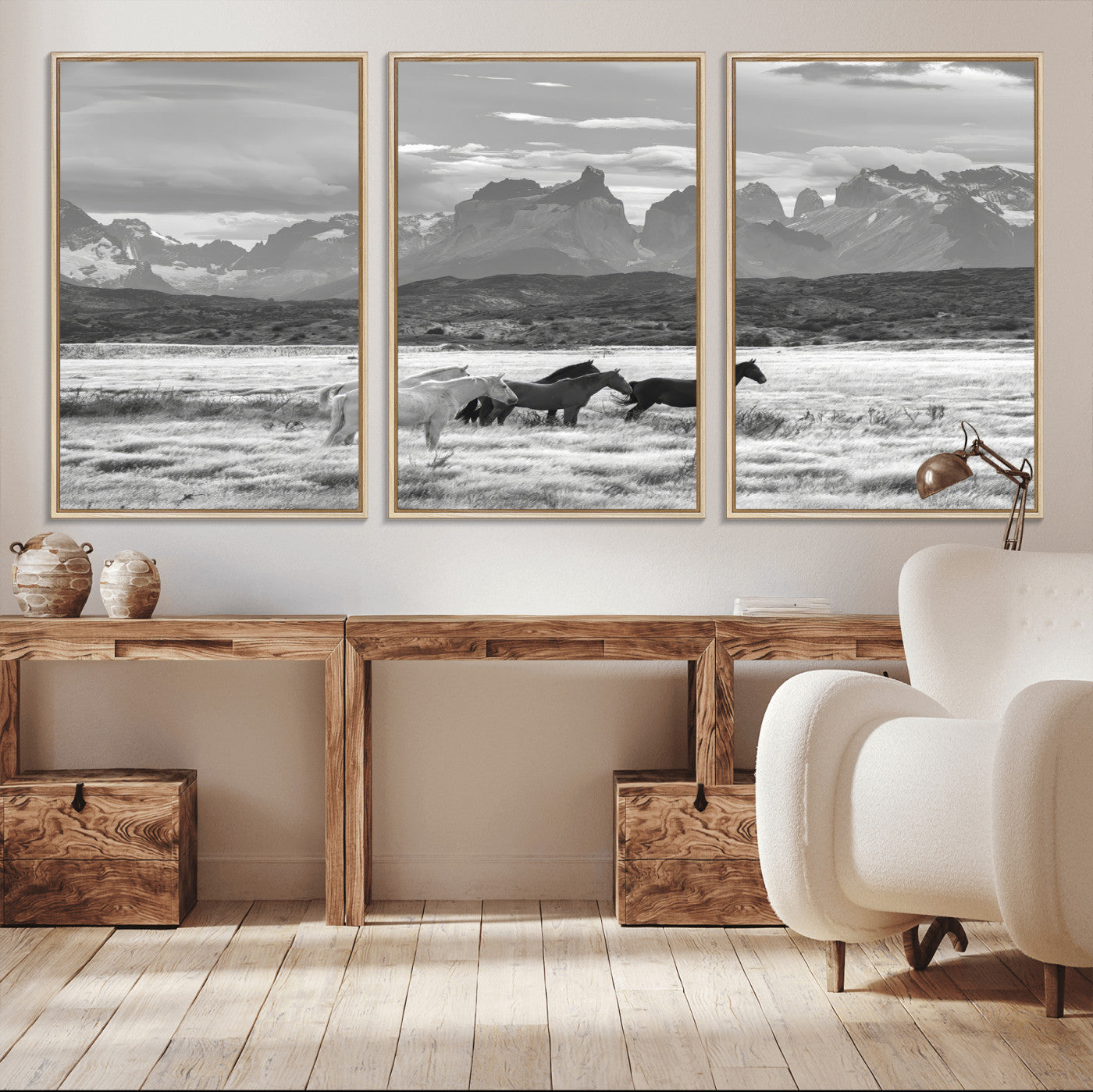 MGV-FC-60X30-3P - Wild Horses Wall Art Canvas Print, Framed Black White Mountains Art Picture Print, Rustic Countryside Perfect Rustic Western Decor Artwork