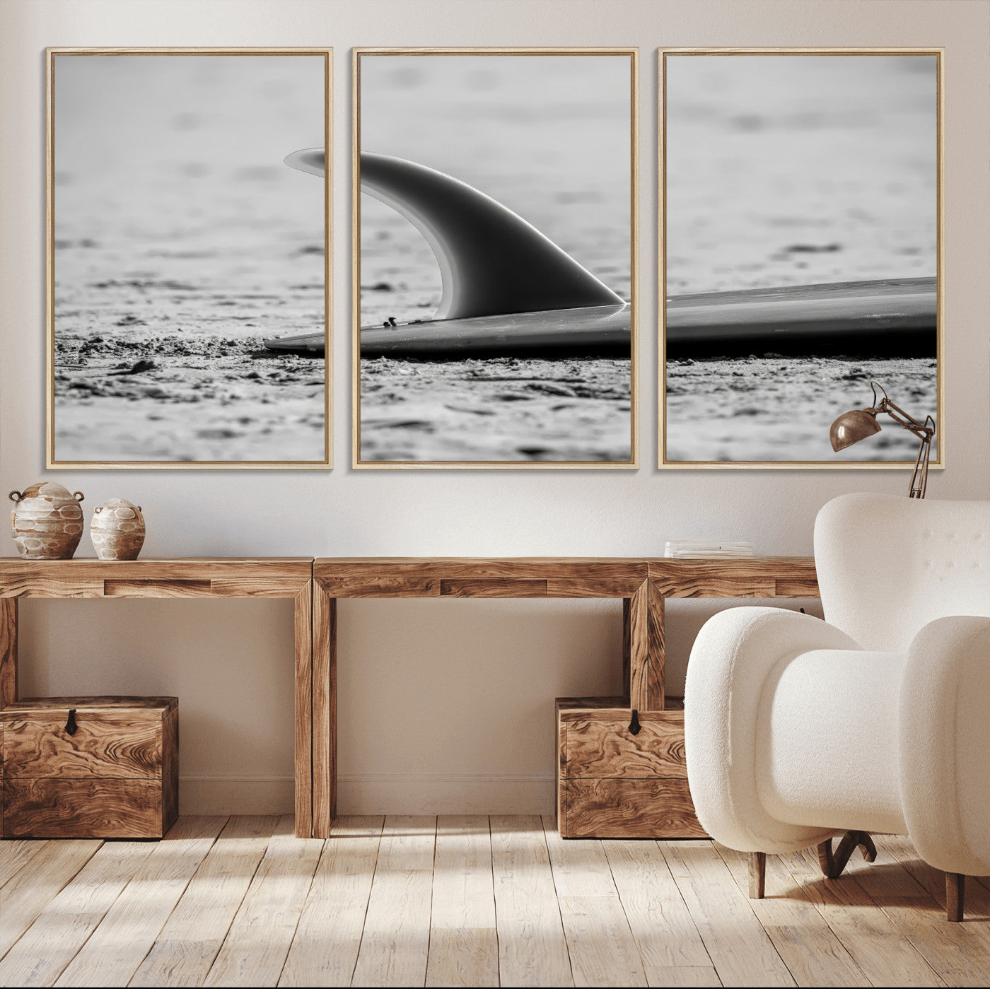 MGV-FC-60X30-3P - Black White Surfboard Wall Art Canvas Print, Framed Minimalist Beach Art Picture Print, Surf Fin Perfect Minimalist Coastal Decor Artwork