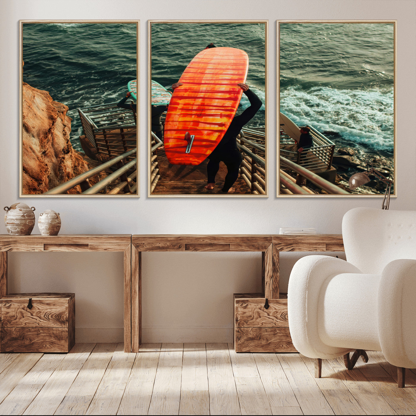 MGV-FC-60X30-3P - Surfer Stairway Wall Art Canvas Print, Framed Ocean Surf Art Picture Print, Sunset Coastal Perfect Coastal Adventure Decor Artwork