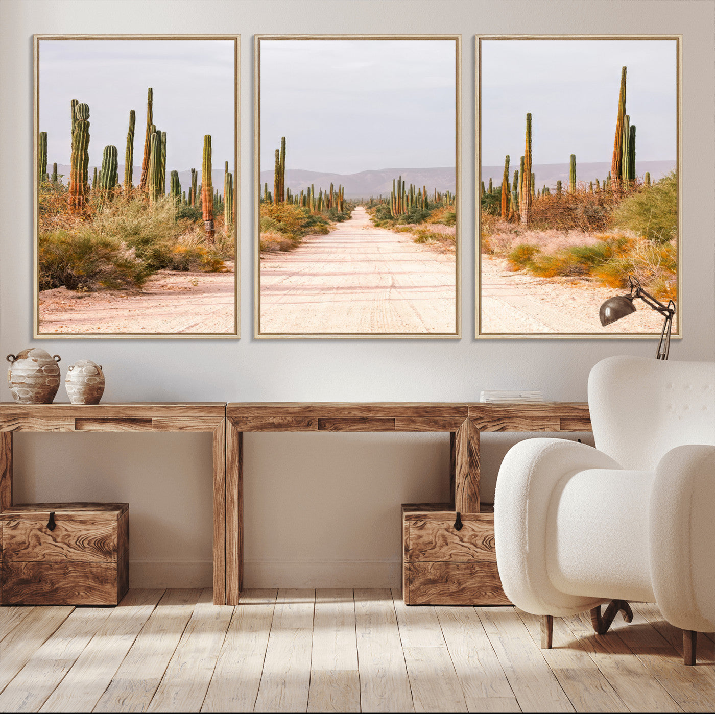 MGV-FC-60X30-3P - Desert Cactus Lined Road Wall Art Canvas Print, Framed Southwestern Landscape Art Picture Print, Bohemian Western Aesthetic Perfect Southwestern Boho Decor Artwork
