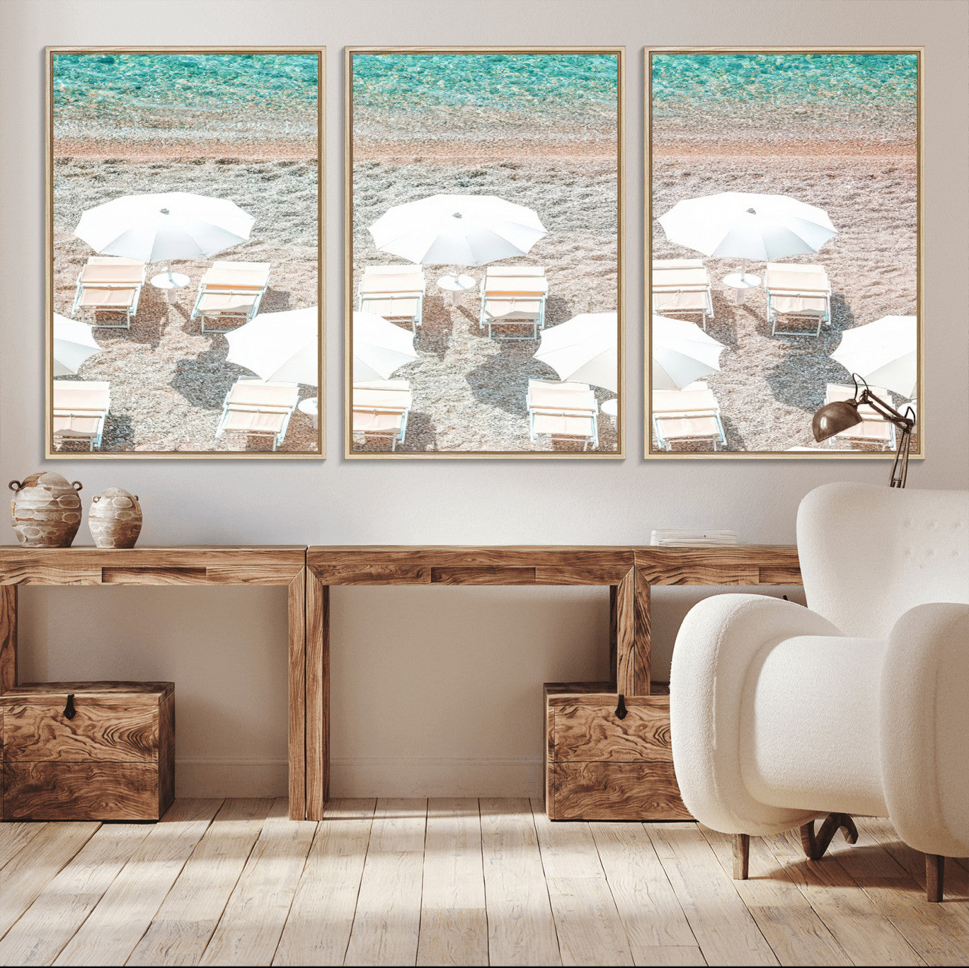 83736167-MGV-CV-36X24-Calm Beach Wall Art – Framed Turquoise Water Canvas Artwork, Umbrella Shoreline Design, Coastal Decor for Home, Office