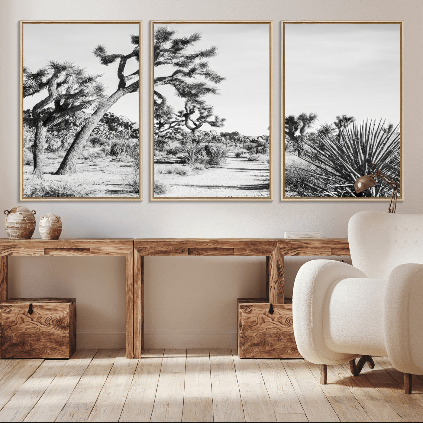 MGV-FC-60X30-3P - Joshua Tree Wall Art Canvas Print, Framed Desert Path Art Picture Print, Monochrome Desert Perfect Minimalist Desert Decor Artwork
