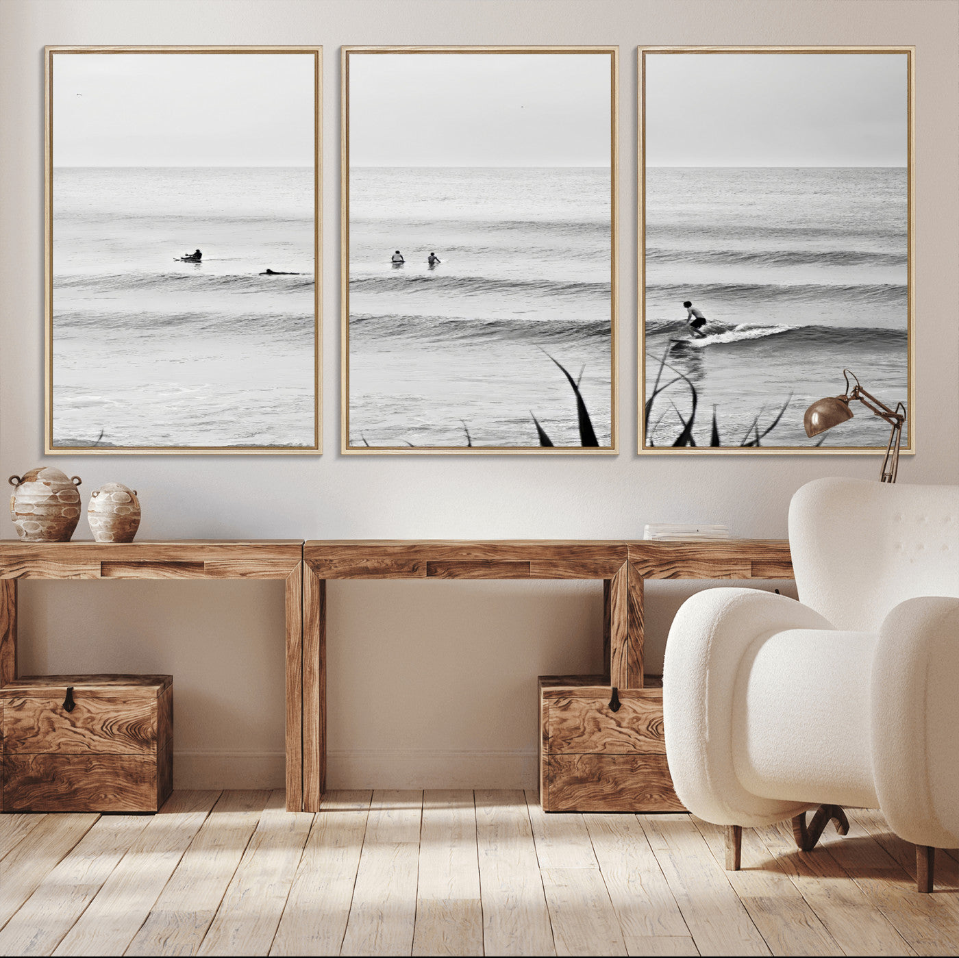 MGV-FC-60X30-3P - Surfer Silhouette Wall Art Canvas Print, Framed Calm Ocean Art Picture Print, Monochrome Surf Perfect Minimalist Coastal Decor Artwork