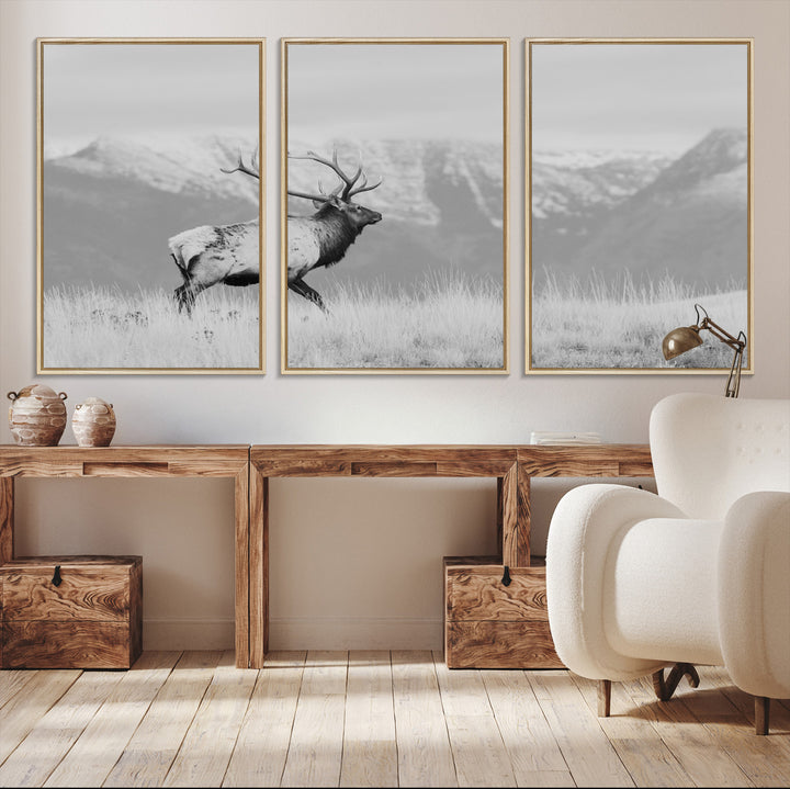 Rustic Elk Wall Art Canvas Print, Wildlife Antler Print, Framed Western Hunting Lodge Art Print, Large Mountain Nature Scene Printing Perfect for Japanese Decor