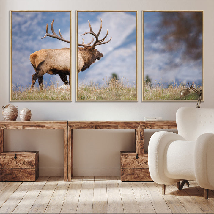 Rustic Elk Wall Art Canvas Print, Wildlife Antler Print, Framed Western Hunting Lodge Art Print