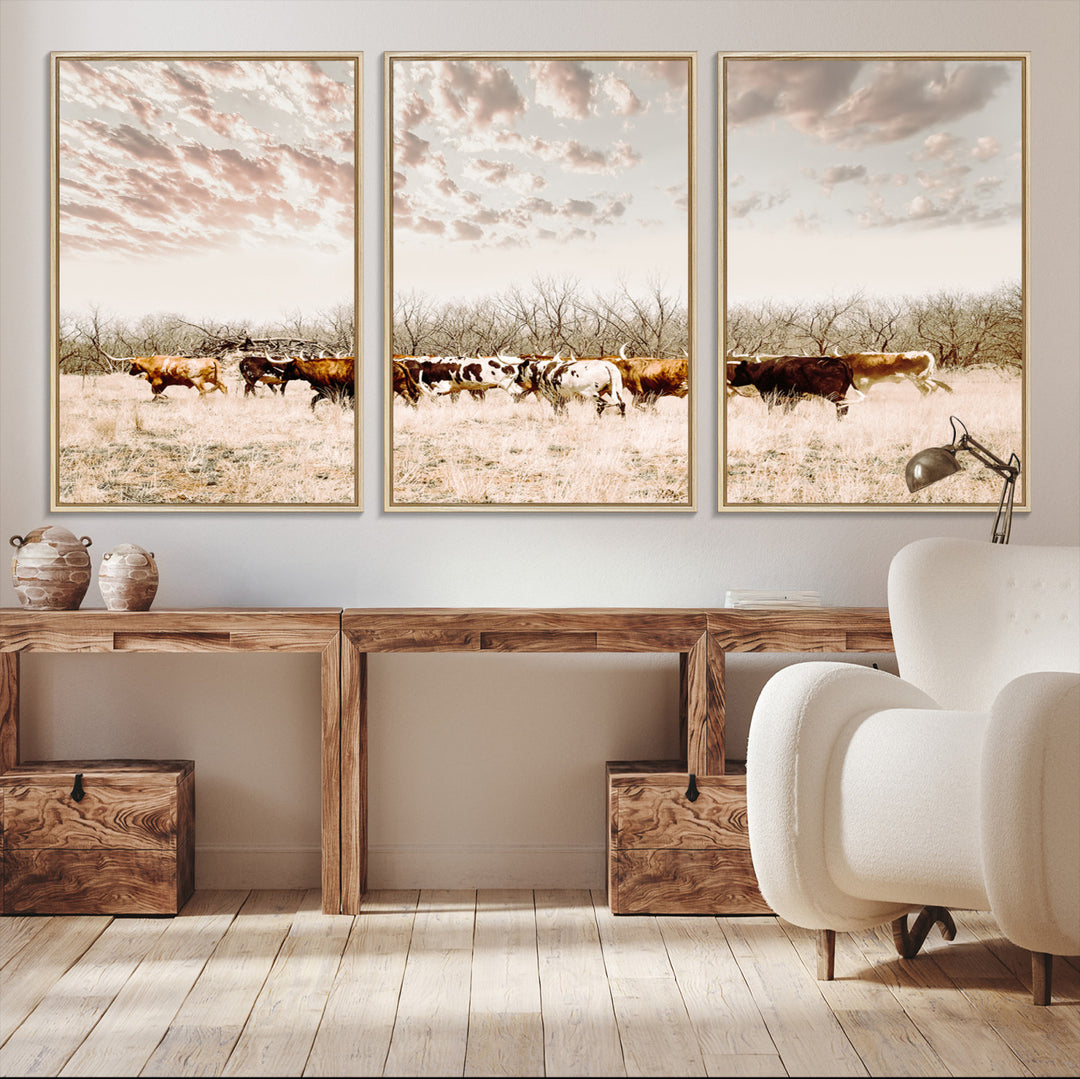 Longhorn Cattle Wall Art Canvas Print, Texas Ranch Print, Framed Western Cow Art Print, Large Prairie Landscape Printing Perfect for Western Decor