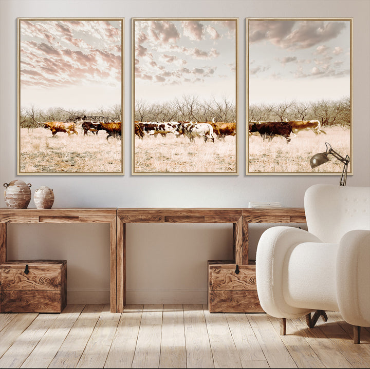 Longhorn Cattle Wall Art Canvas Print, Texas Ranch Print, Framed Western Cow Art Print, Large Prairie Landscape Printing Perfect for Western Decor