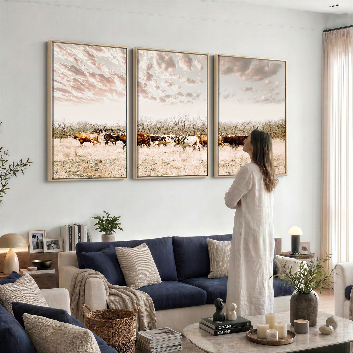 64892775-MGV-CV-24X16 - Longhorn Cattle Wall Art Canvas Print, Framed Texas Ranch Art, Western Cow Print, Prairie Landscape Decor