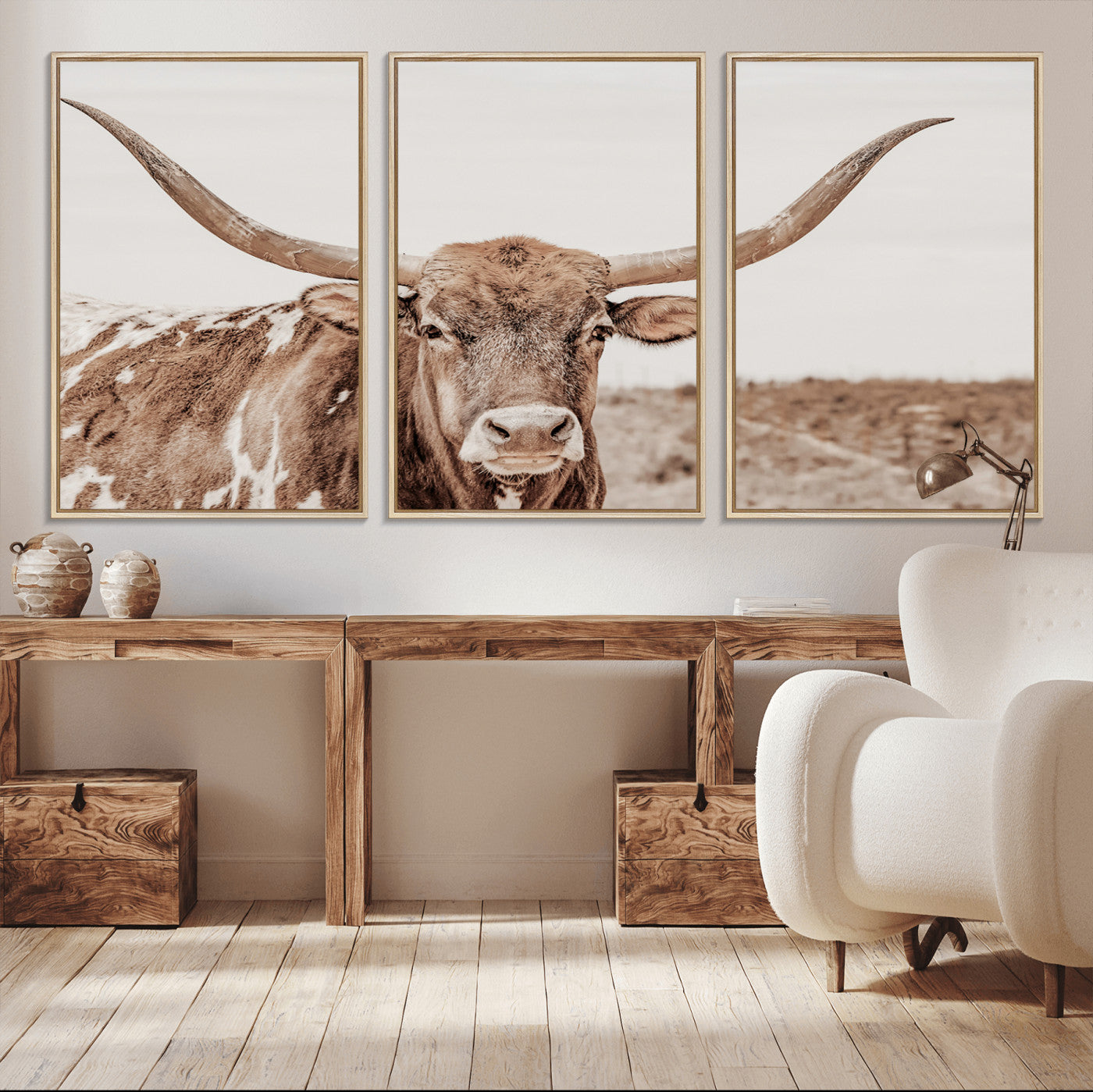 MGV-FC-60X30-3P - Longhorn Cow Wall Art Canvas Print, Framed Texas Ranch Art Picture Print, Western Bull Perfect County Decor Artwork