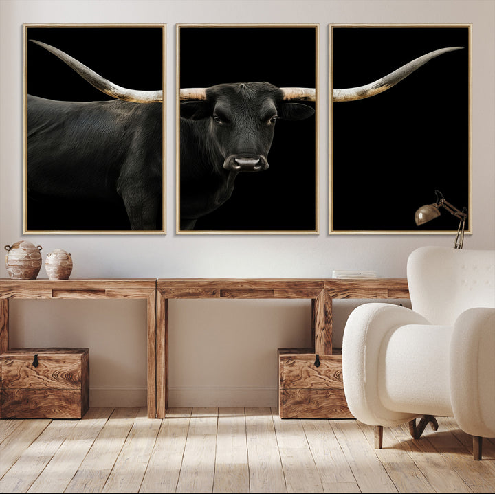 Black White Longhorn Bull Wall Art Canvas Print, Texas Ranch Print, Framed Western Cow Art Print for Farmhouse Decor - Longhorn Print