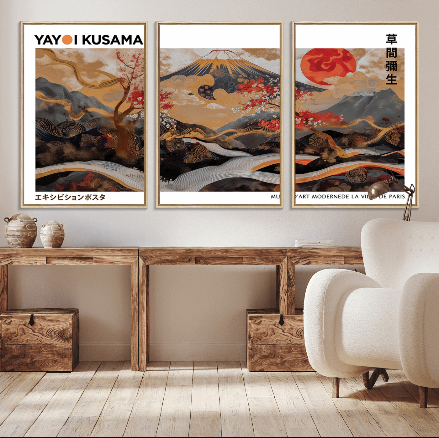 MGV-FC-60X30-3P - Modern Japanese Wall Art Print Yayoi Kusama Canvas Wall Art Abstract Mount Fuji Canvas Print