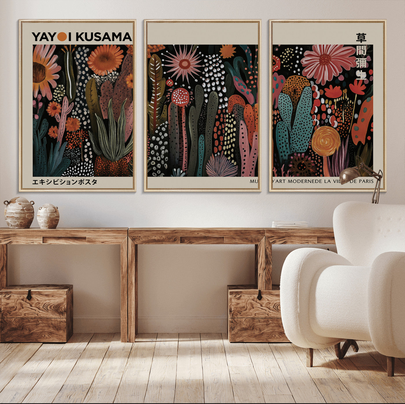 28344895-MGV-FC-60X30-3P_Natural-Modern Japanese Wall Art Canvas Print – Framed Abstract Mount Fuji Scene with Contemporary Yayoi Kusama Artwork for Home, Office