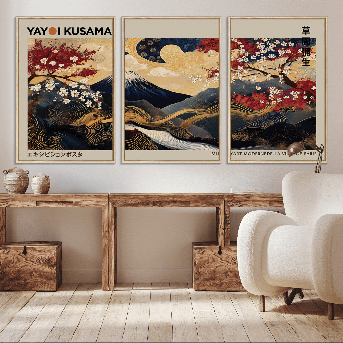 MGV-FC-60X30-3P - Modern Japanese Wall Art, Yayoi Kusama Japanese Print Wall Art, Abstract Mount Fuji Canvas Print,