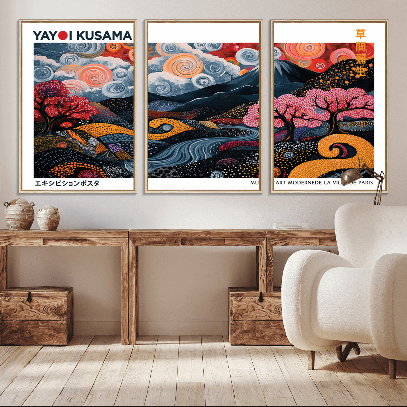 43879290-MGV-CV-36X24-Modern Japanese Wall Art Canvas Print – Framed Abstract Mount Fuji Scene with Yayoi Kusama Artwork for Home, Office